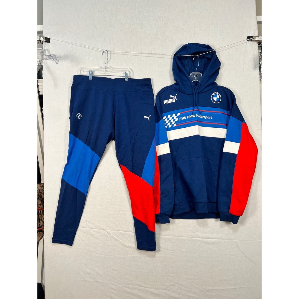 Puma BMW Motorsport Tracksuit Set Navy Blue Red Hooded Sweatshirt Pants Mens L